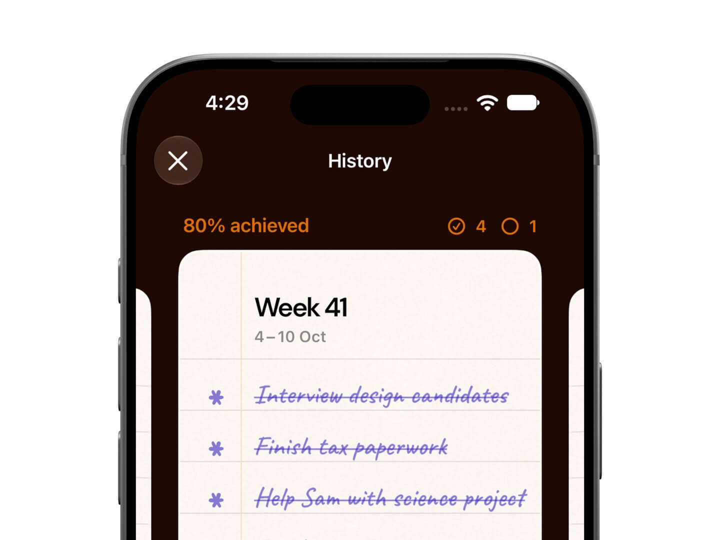 View goals progress history in the Foreweek app