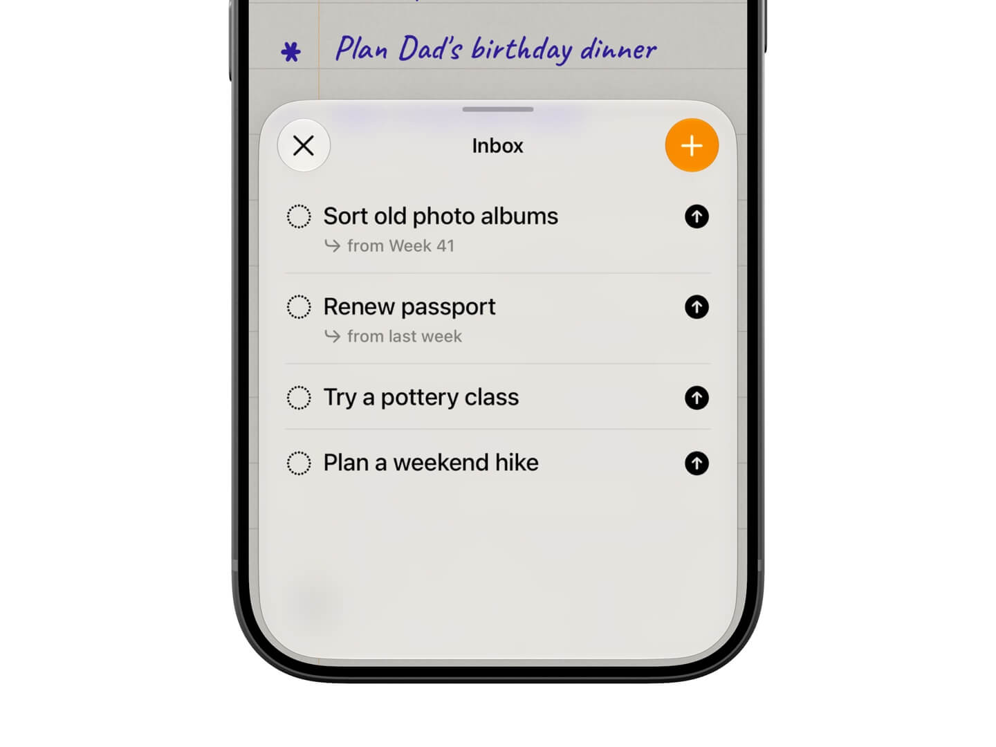 Incomplete goals get rolled over to Inbox in the Foreweek app